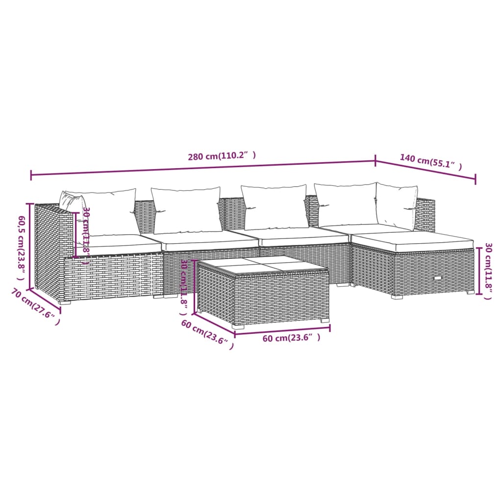 vidaXL Salon de jardin 6 pcs avec coussins résine tressée gris