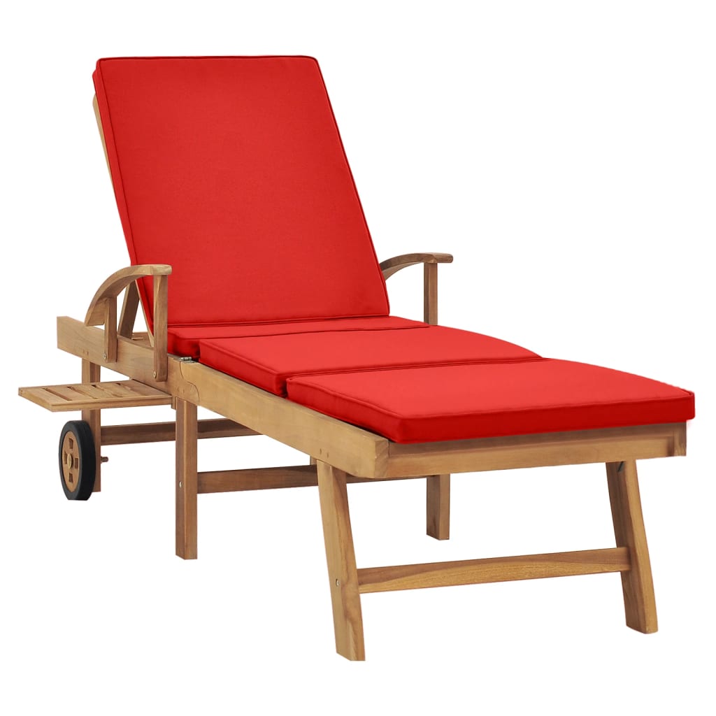 vidaXL Chaise longue avec coussin Bois de teck solide Rouge