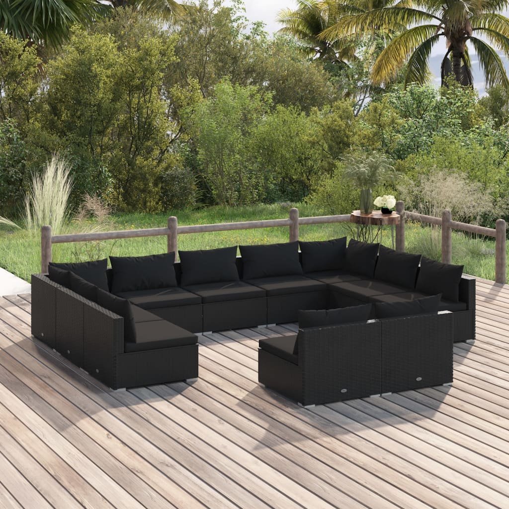 vidaXL Salon de jardin 11 pcs avec coussins Noir Résine tressée