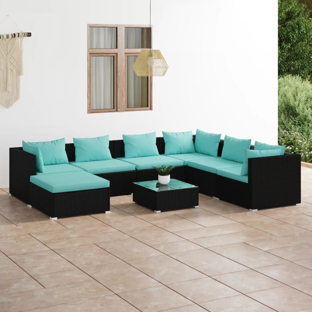 vidaXL Salon de jardin 8 pcs avec coussins Résine tressée Noir