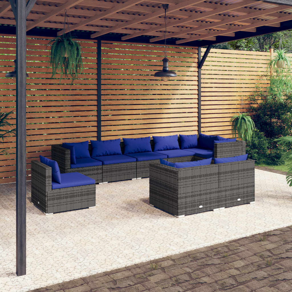 vidaXL Salon de jardin 9 pcs avec coussins Résine tressée Gris