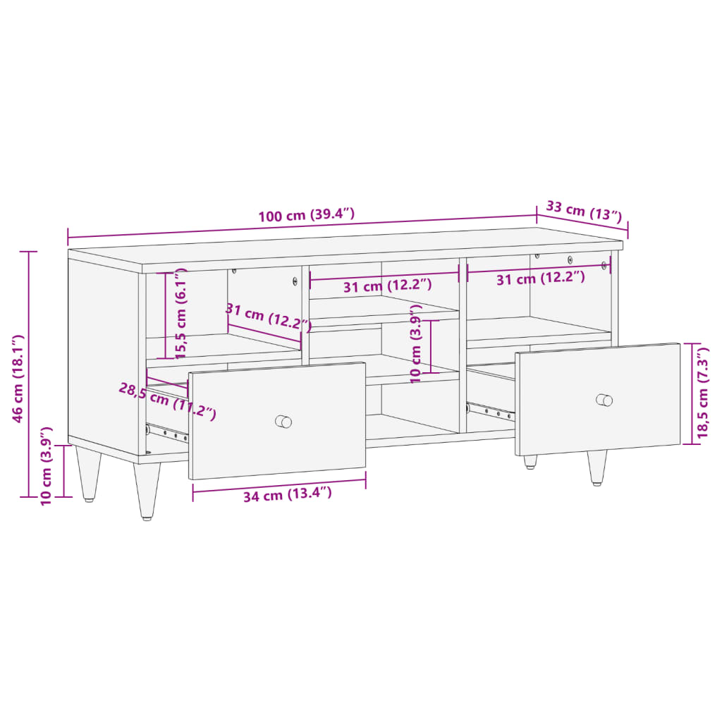 vidaXL Meuble TV 100x33x46 cm bois massif de manguier