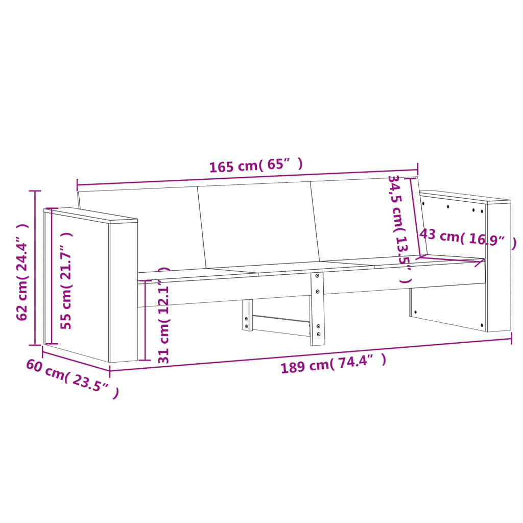 vidaXL Canapé de jardin 3 places blanc 189x60x62 cm bois de pin massif