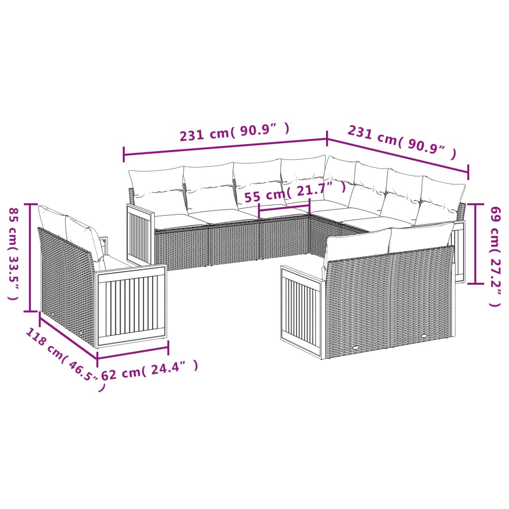 vidaXL Salon de jardin 11 pcs avec coussins beige résine tressée