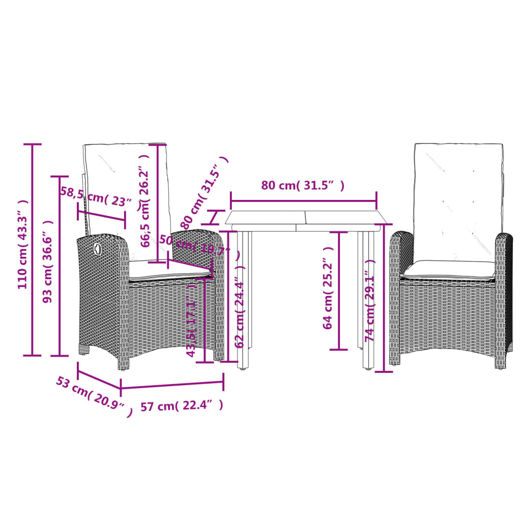 vidaXL Ensemble à manger de jardin avec coussins 3 pcs Noir