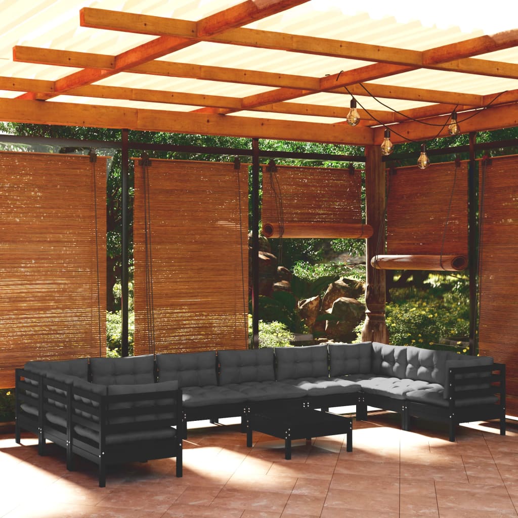 vidaXL Salon de jardin 11 pcs avec coussins Noir Bois de pin