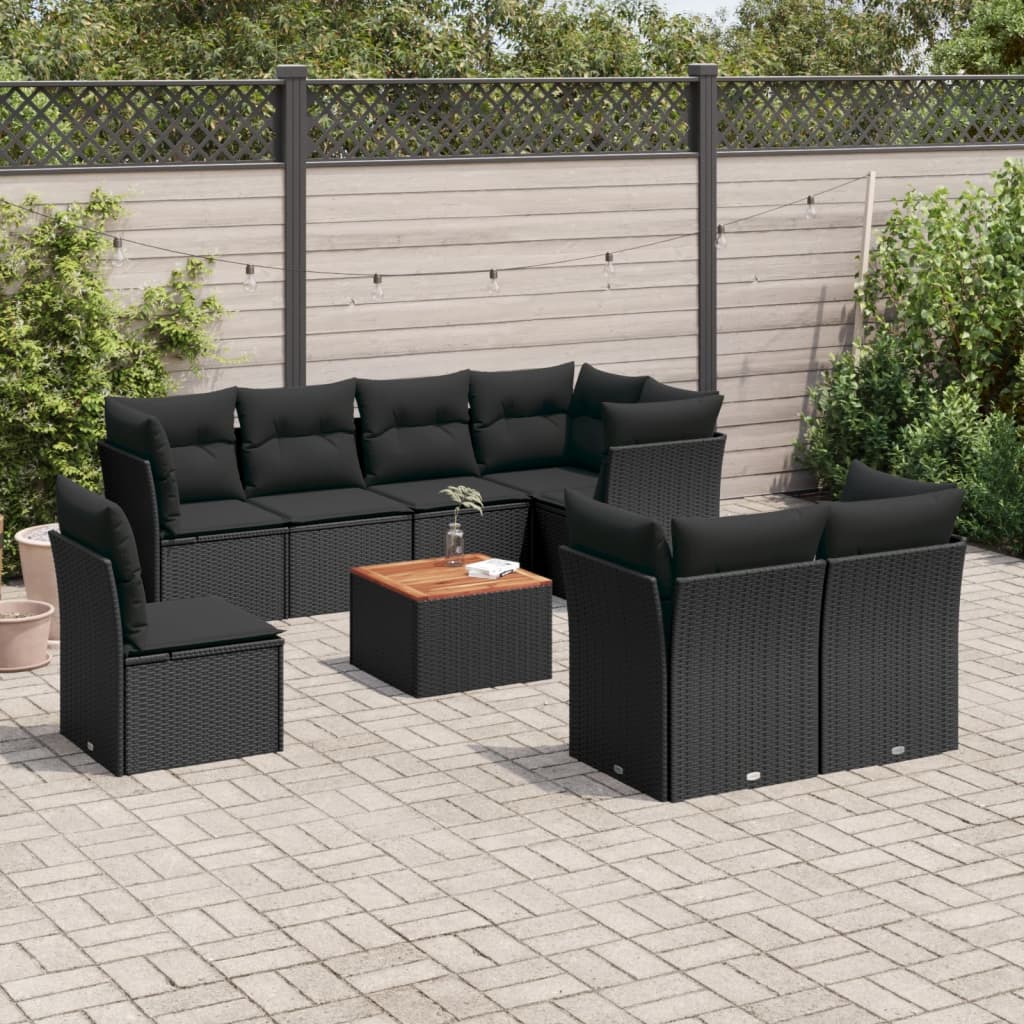 vidaXL Salon de jardin 9 pcs avec coussins noir résine tressée