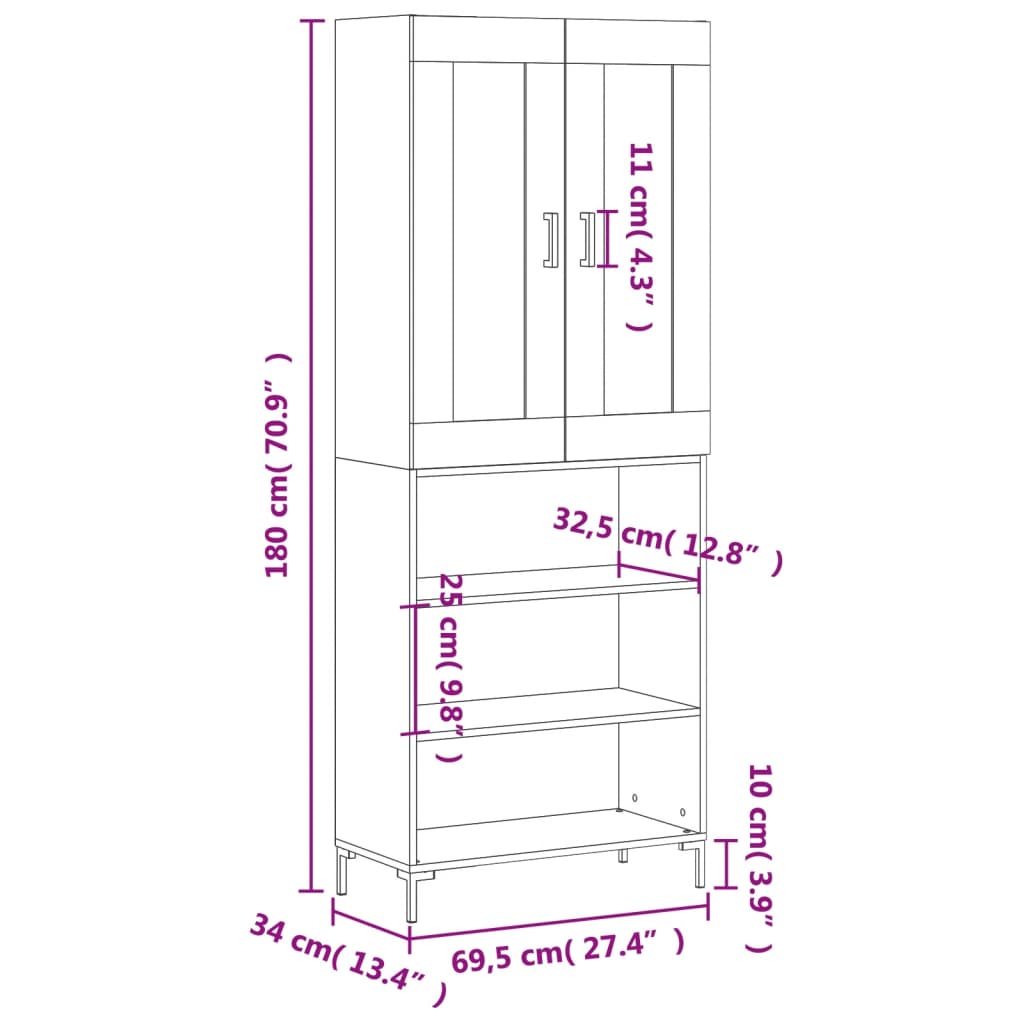 vidaXL Buffet haut Blanc 69,5x34x180 cm Bois d'ingénierie