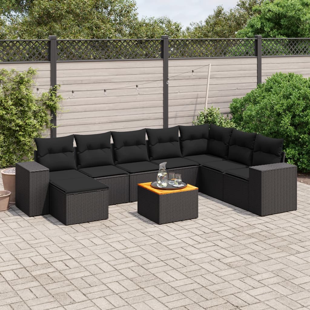 vidaXL Salon de jardin 9 pcs avec coussins noir résine tressée