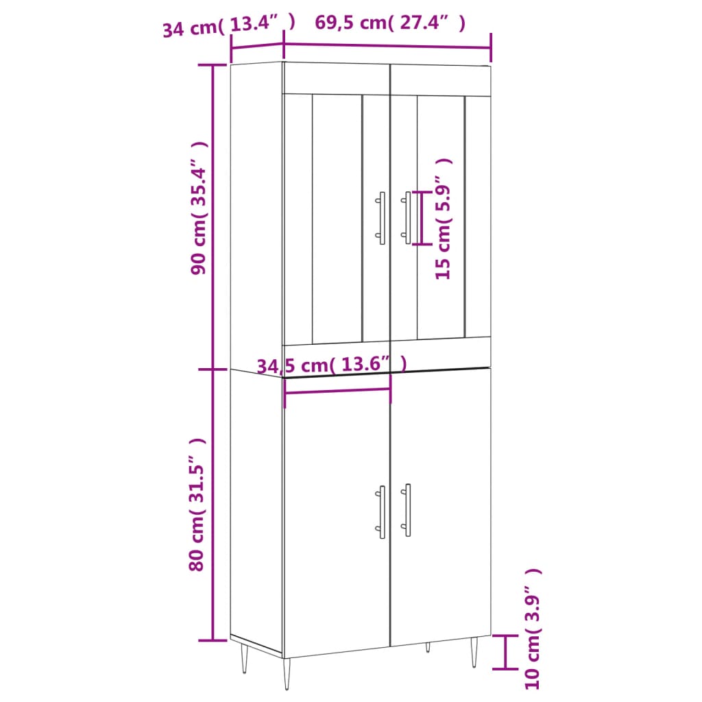 vidaXL Buffet haut Blanc 69,5x34x180 cm Bois d'ingénierie