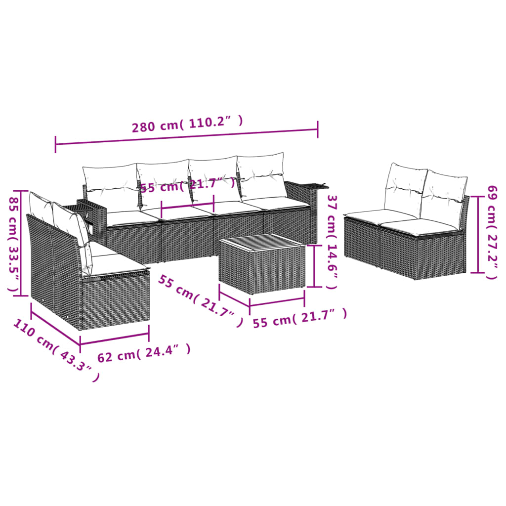 vidaXL Salon de jardin 9 pcs avec coussins noir résine tressée