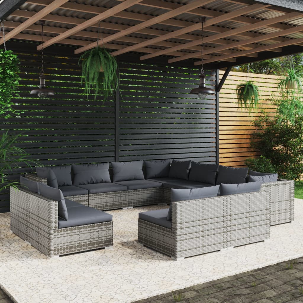 vidaXL Salon de jardin 11 pcs avec coussins Gris Résine tressée