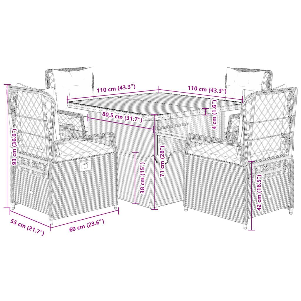 vidaXL Ensemble à manger de jardin avec coussins 5pcs Beige poly rotin