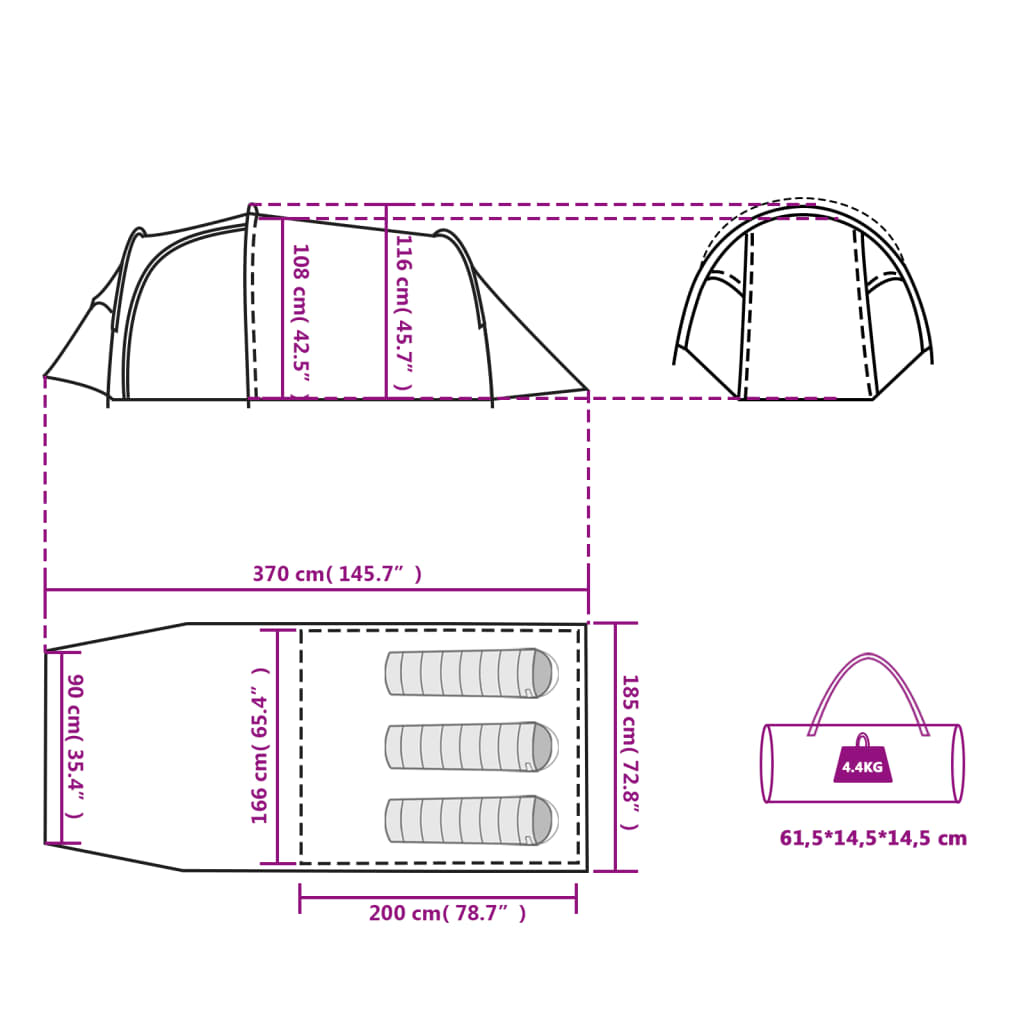 vidaXL Tente de camping tunnel 3 personnes orange imperméable