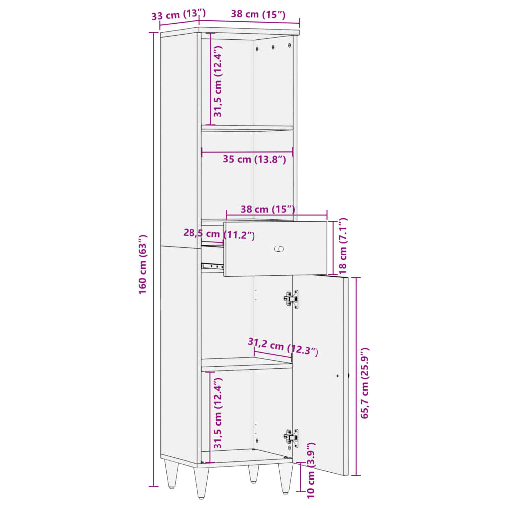 vidaXL Armoire de salle de bain 38x33x160 cm bois massif de manguier