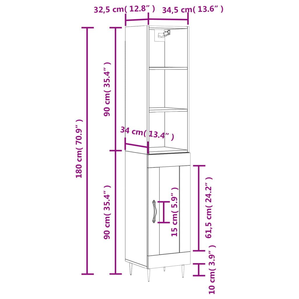 vidaXL Buffet haut Gris béton 34,5x34x180 cm Bois d'ingénierie