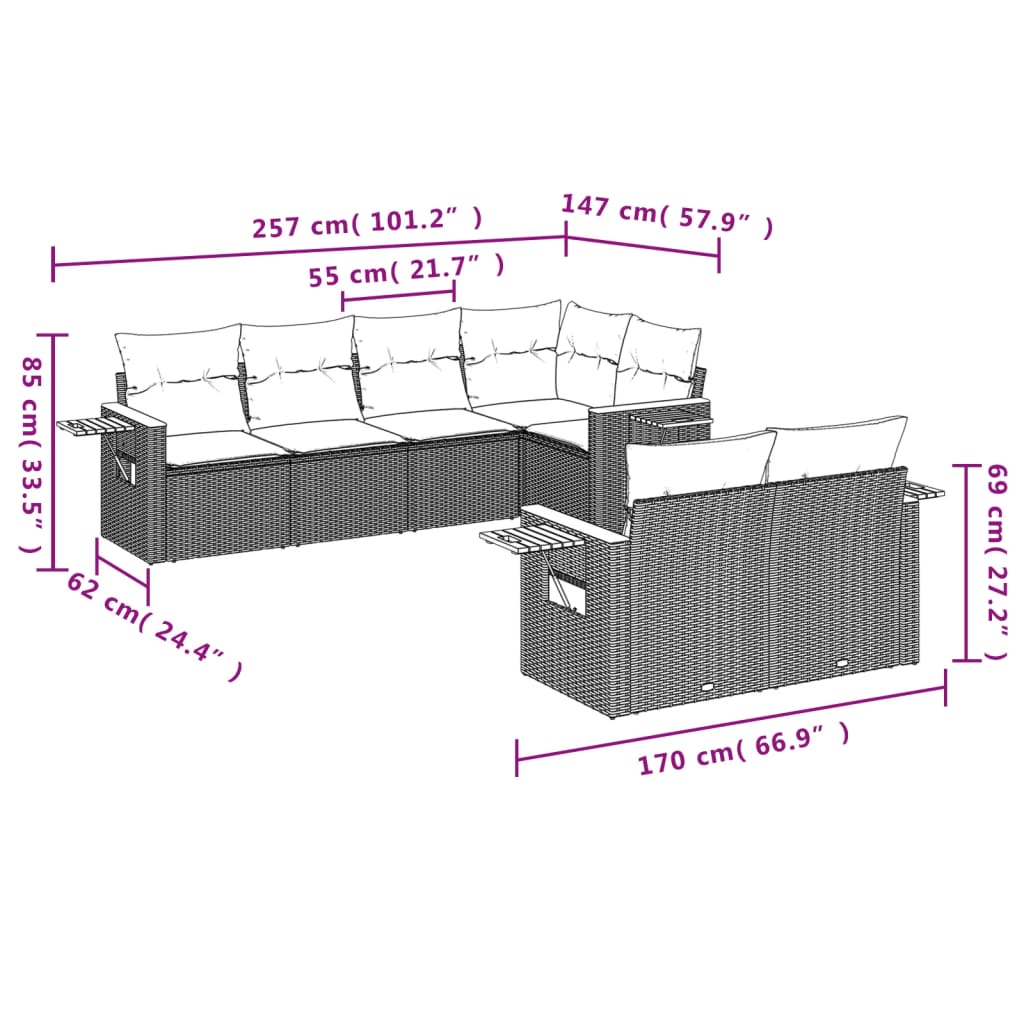 vidaXL Salon de jardin avec coussins 7 pcs gris résine tressée