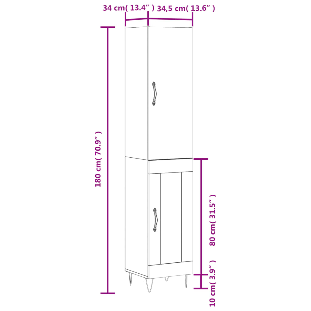 vidaXL Buffet haut Chêne fumé 34,5x34x180 cm Bois d'ingénierie