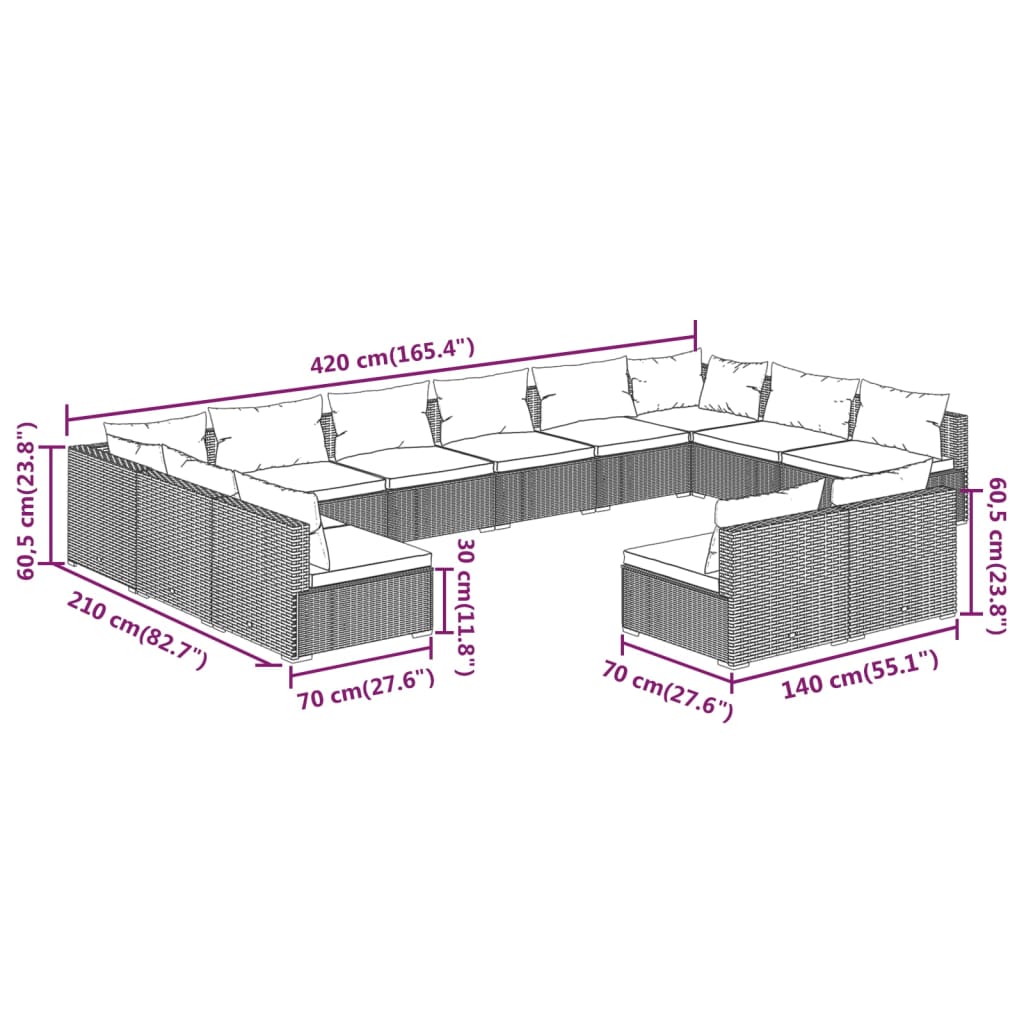 vidaXL Salon de jardin 12 pcs avec coussins Noir Résine tressée