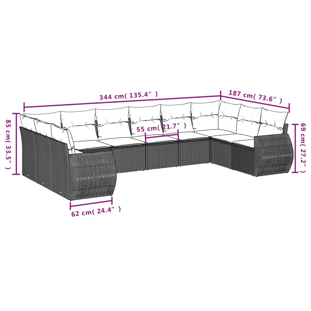 vidaXL Salon de jardin 11 pcs avec coussins noir résine tressée