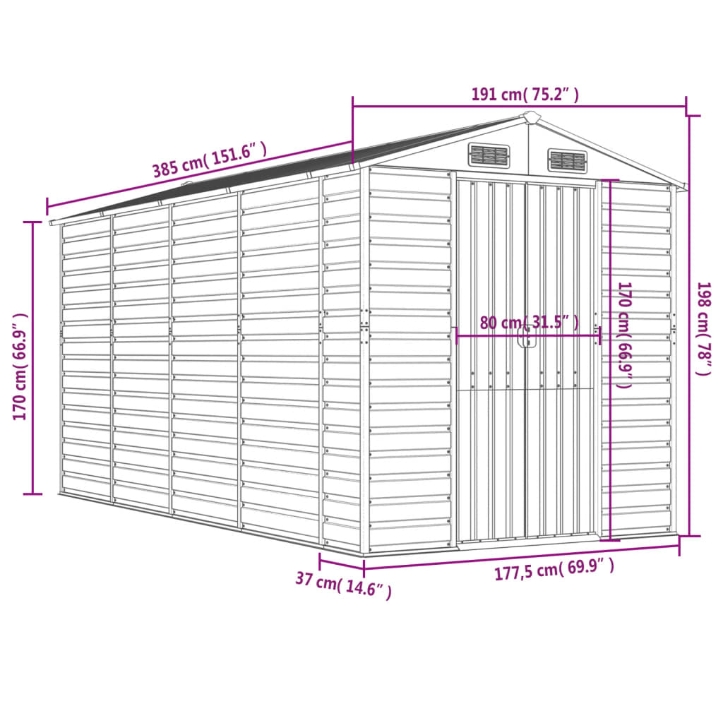 vidaXL Abri de jardin gris clair 191x385x198 cm acier galvanisé