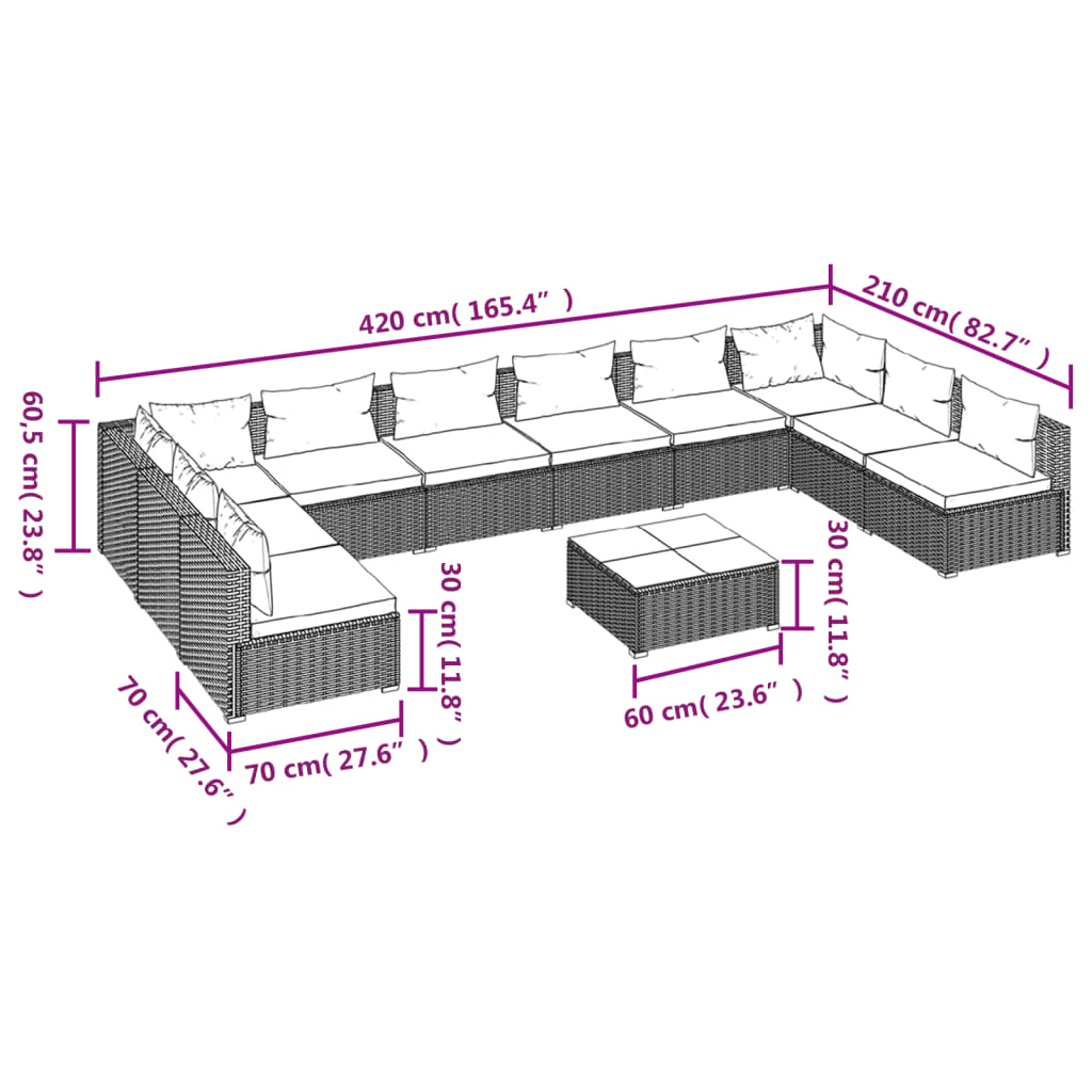 vidaXL Salon de jardin 11 pcs avec coussins Résine tressée Marron