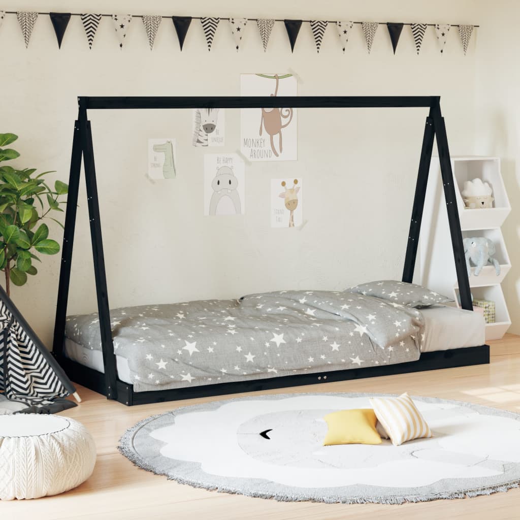 vidaXL Cadre de lit pour enfants noir 90x200 cm bois de pin massif