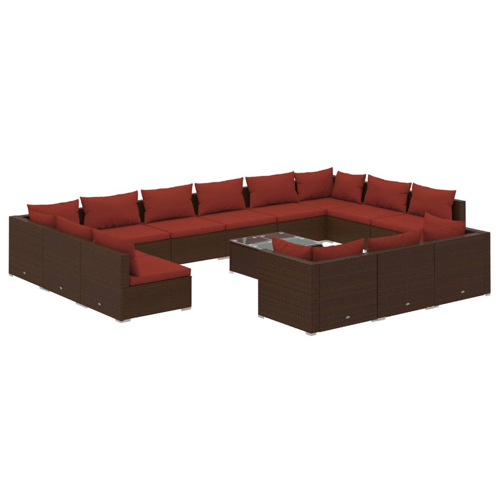 vidaXL Salon de jardin 14 pcs avec coussins Marron Résine tressée