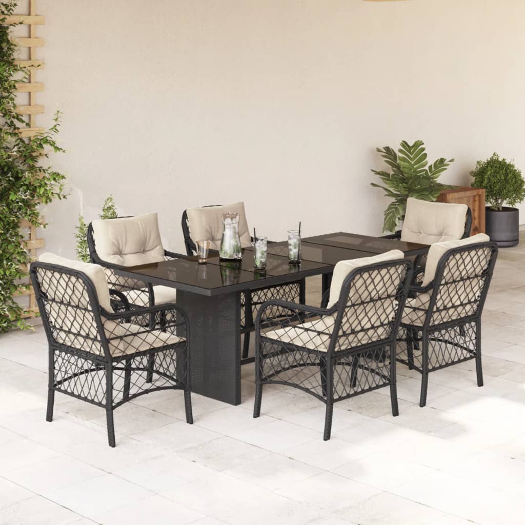 vidaXL Ensemble à manger de jardin coussins 7pcs Noir Résine tressée