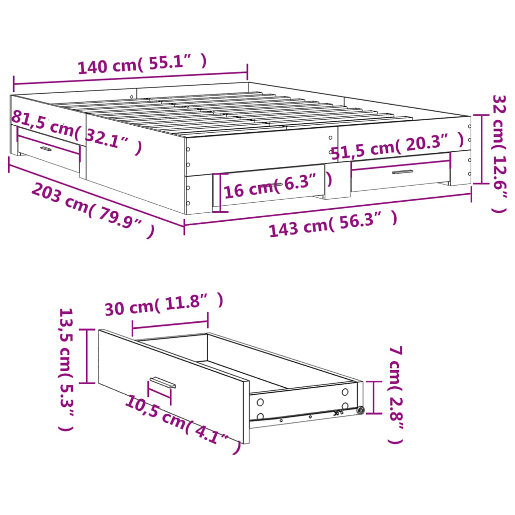 vidaXL Cadre de lit avec tiroirs sans matelas chêne sonoma 140x200 cm