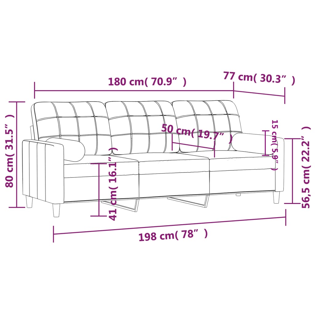 vidaXL Canapé 3 places avec oreillers décoratifs bordeaux 180 cm tissu