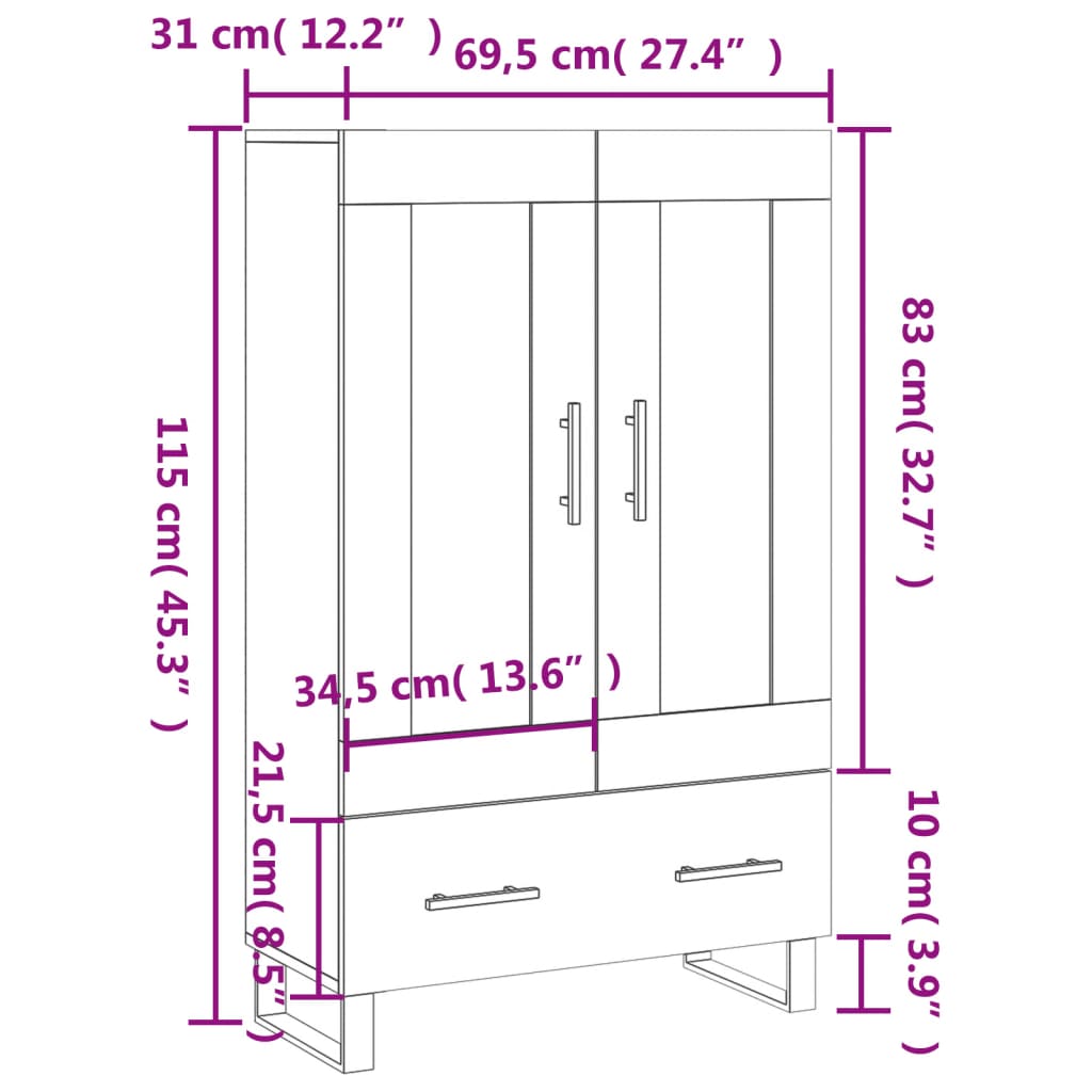 vidaXL Buffet haut chêne marron 69,5x31x115 cm bois d'ingénierie