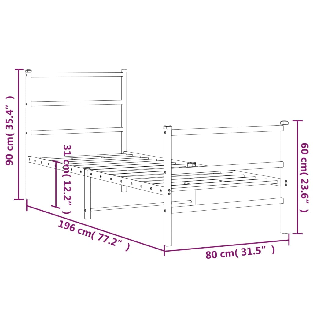 vidaXL Cadre de lit métal sans matelas avec pied de lit noir 75x190 cm