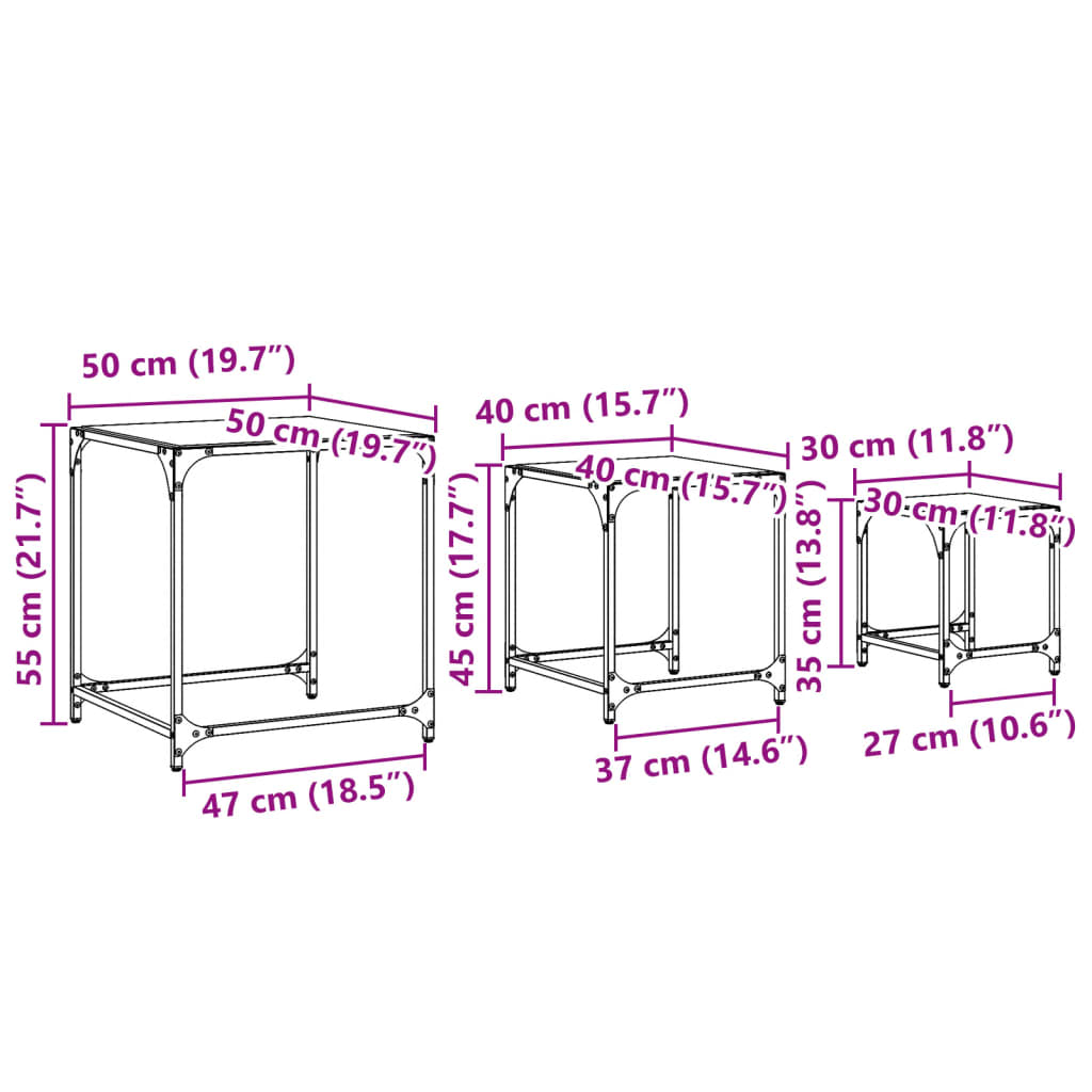 vidaXL Tables basses gigognes 3 pcs dessus en verre transparent acier