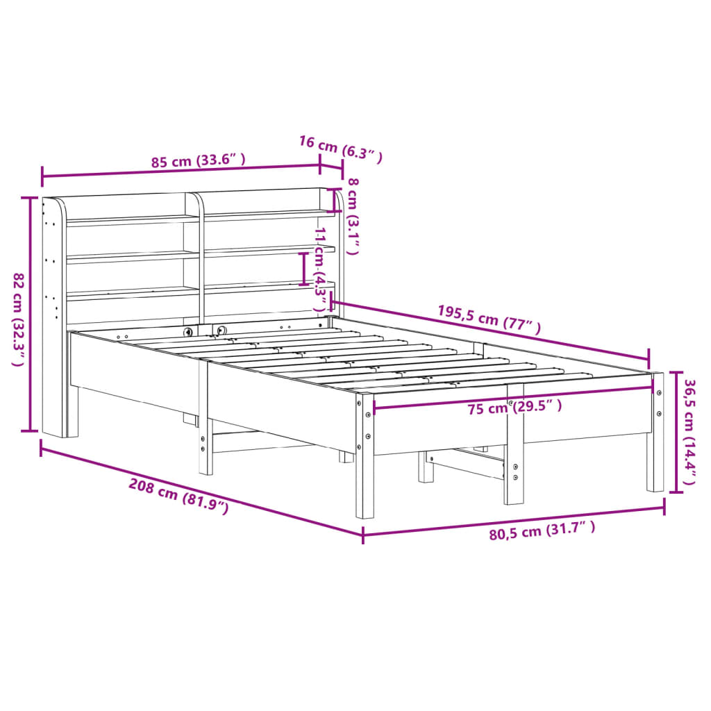 vidaXL Cadre de lit sans matelas blanc 75x190 cm bois de pin massif