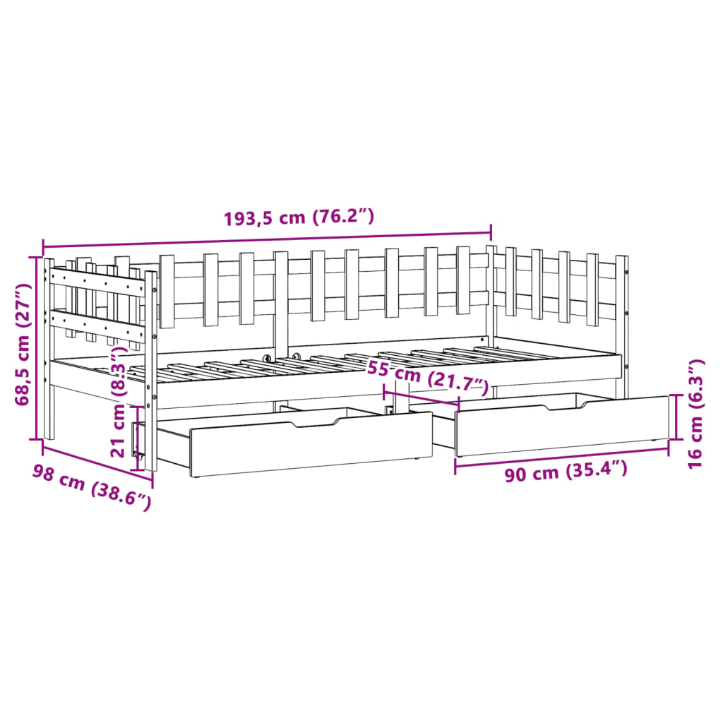 vidaXL Lit de jour avec tiroirs blanc 90x190 cm bois de pin massif