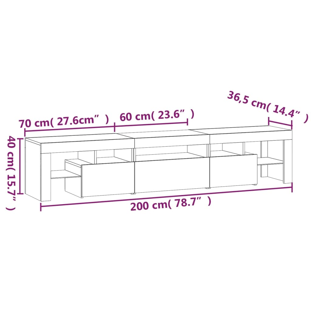 vidaXL Meuble TV avec lumières LED Sonoma gris 200x36,5x40 cm