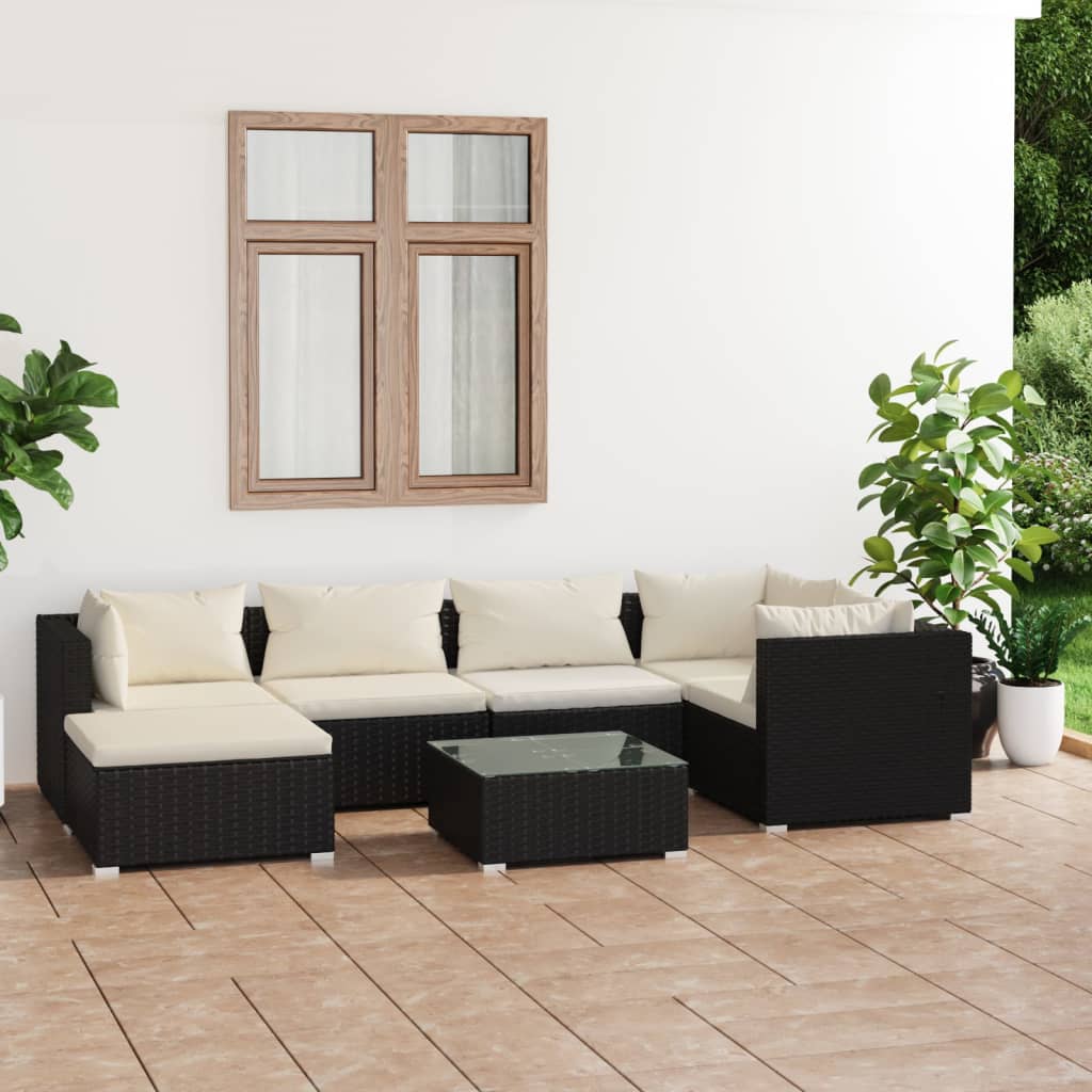 vidaXL Salon de jardin 7 pcs avec coussins Résine tressée Noir