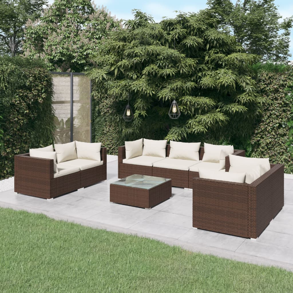 vidaXL Salon de jardin 8 pcs avec coussins Résine tressée Marron