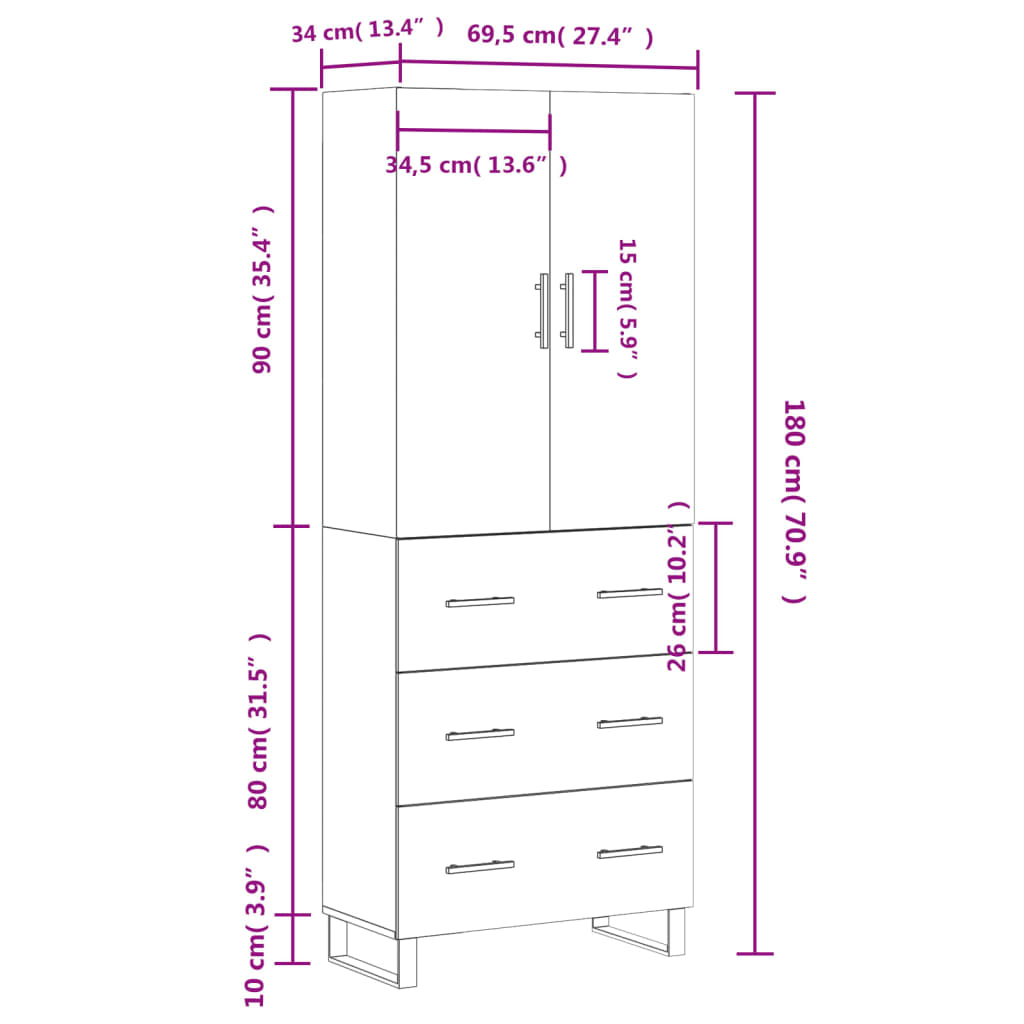 vidaXL Buffet haut Blanc 69,5x34x180 cm Bois d'ingénierie