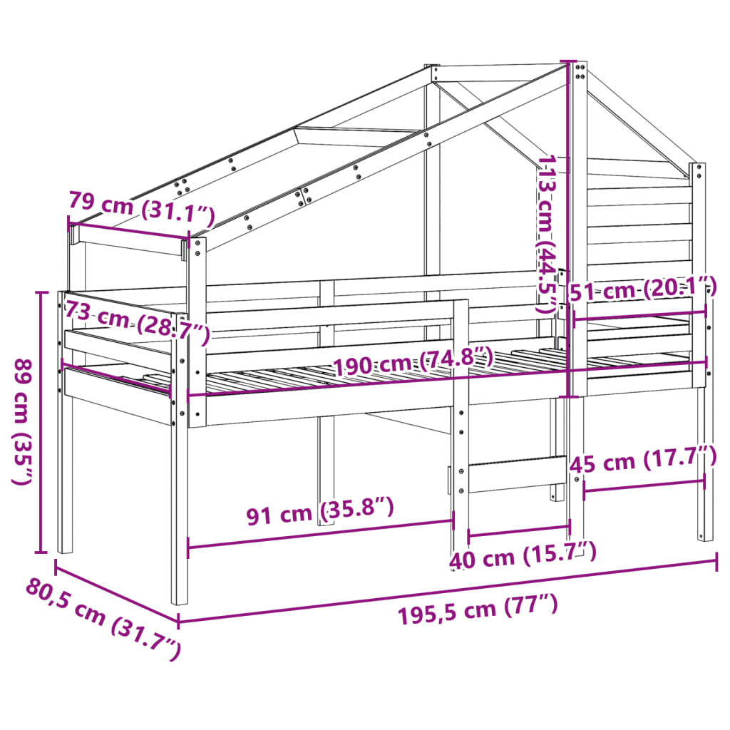 vidaXL Lit haut avec toit 75x190 cm bois de pin massif