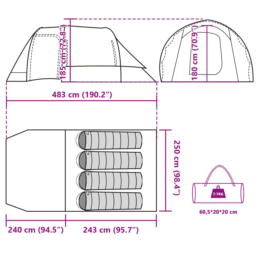 vidaXL Tente de camping tunnel 4 personnes vert imperméable