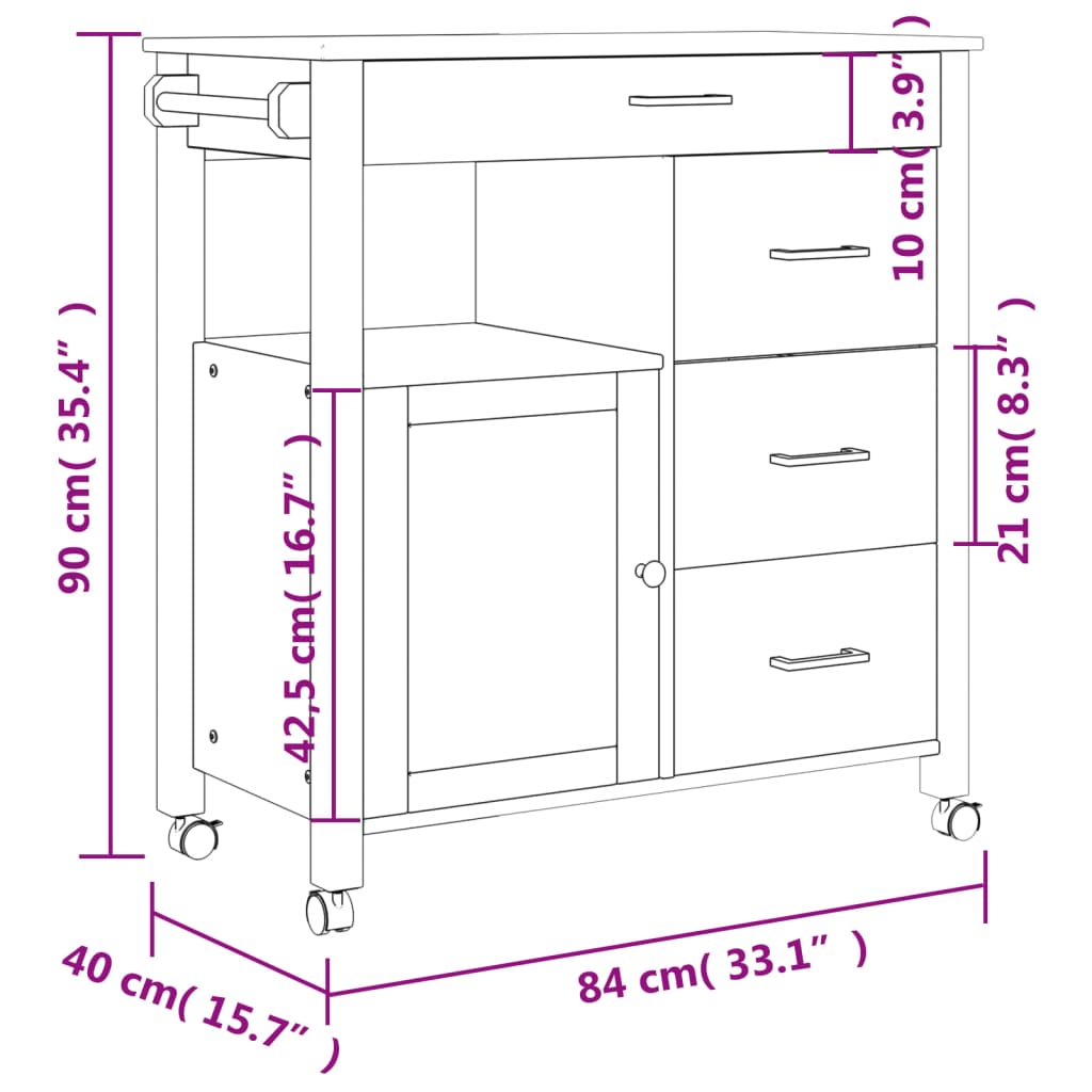 vidaXL Chariot de cuisine MONZA 84x40x90 cm bois massif de pin