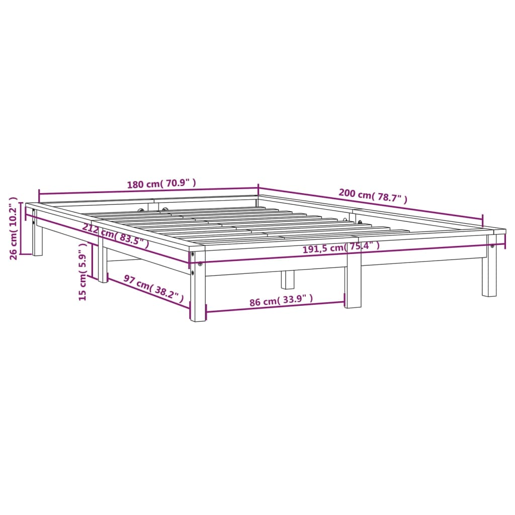 vidaXL Cadre de lit noir 180x200 cm Super King bois de pin massif