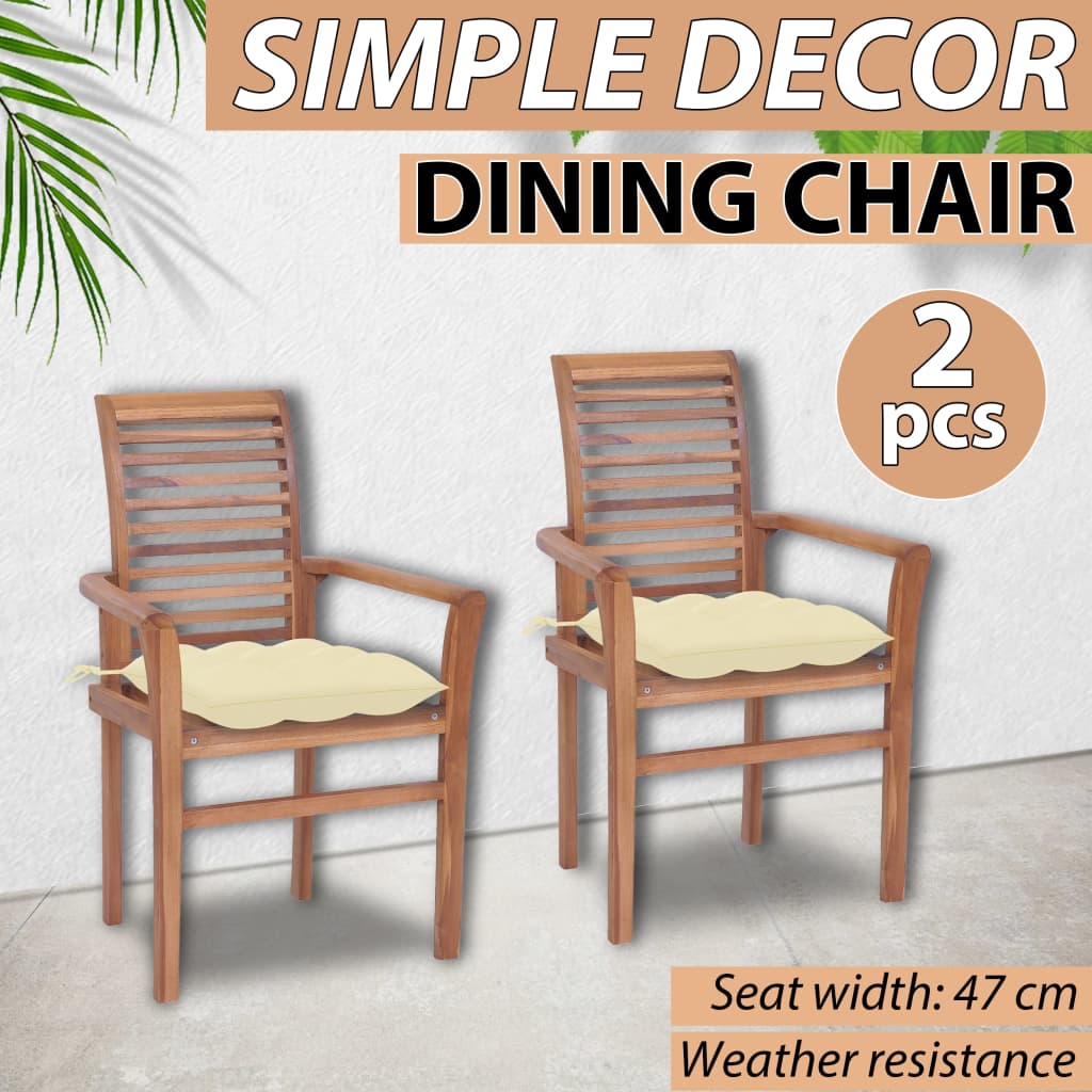 vidaXL Chaises à manger lot de 2 avec coussins blanc crème Bois teck