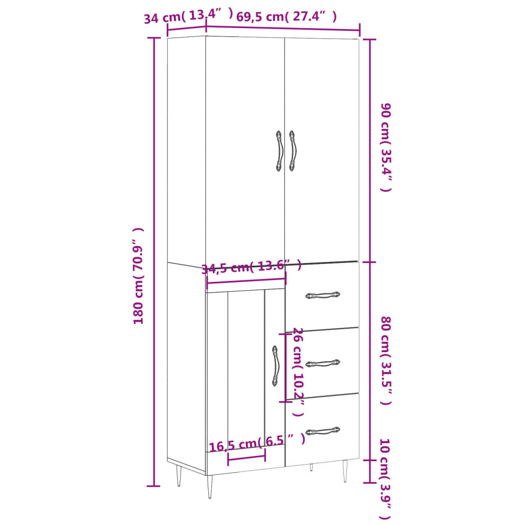 vidaXL Buffet haut Blanc 69,5x34x180 cm Bois d'ingénierie