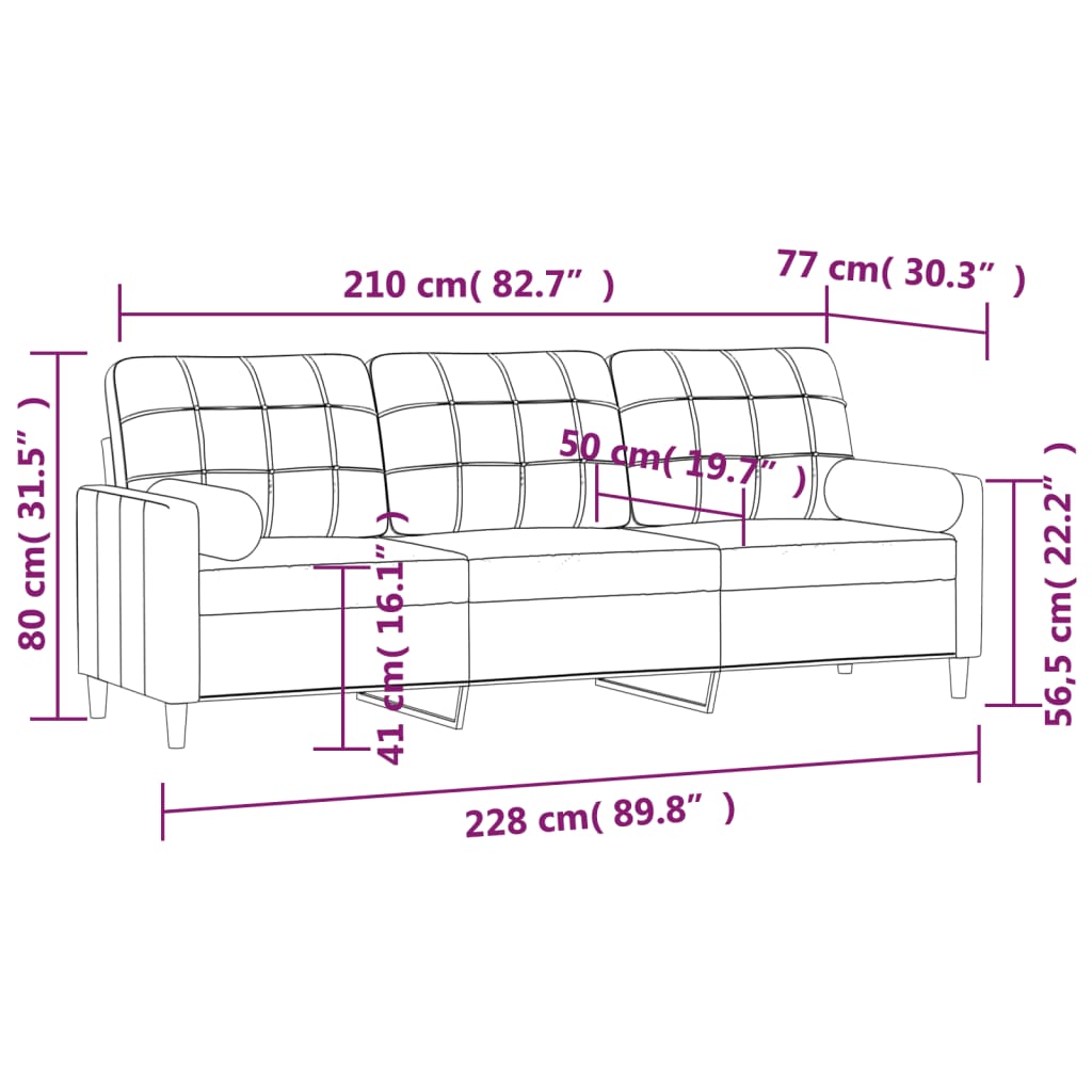 vidaXL Canapé 3 places et oreillers et coussins Gris clair 210cm Tissu