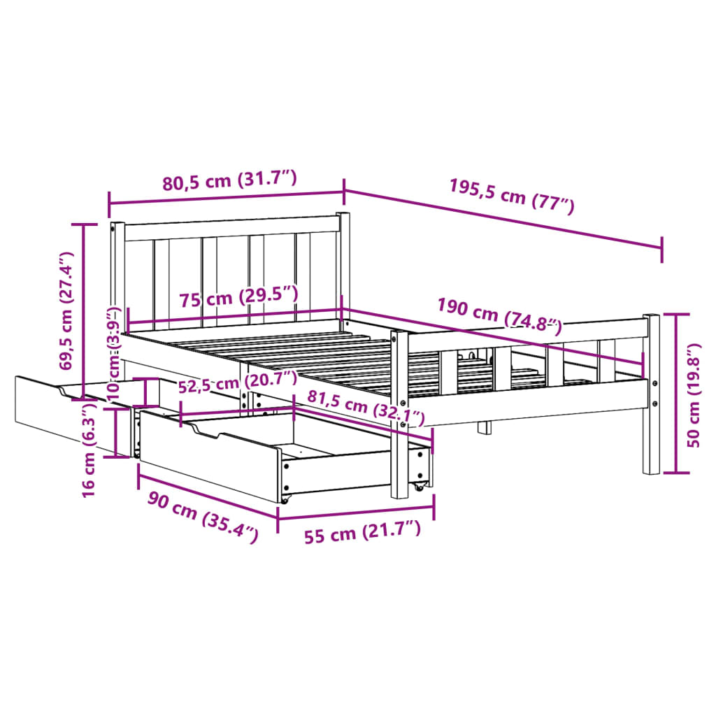 vidaXL Cadre de lit sans matelas 75x190 cm bois de pin massif