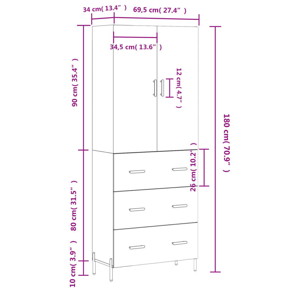 vidaXL Buffet haut Blanc brillant 69,5x34x180 cm Bois d'ingénierie