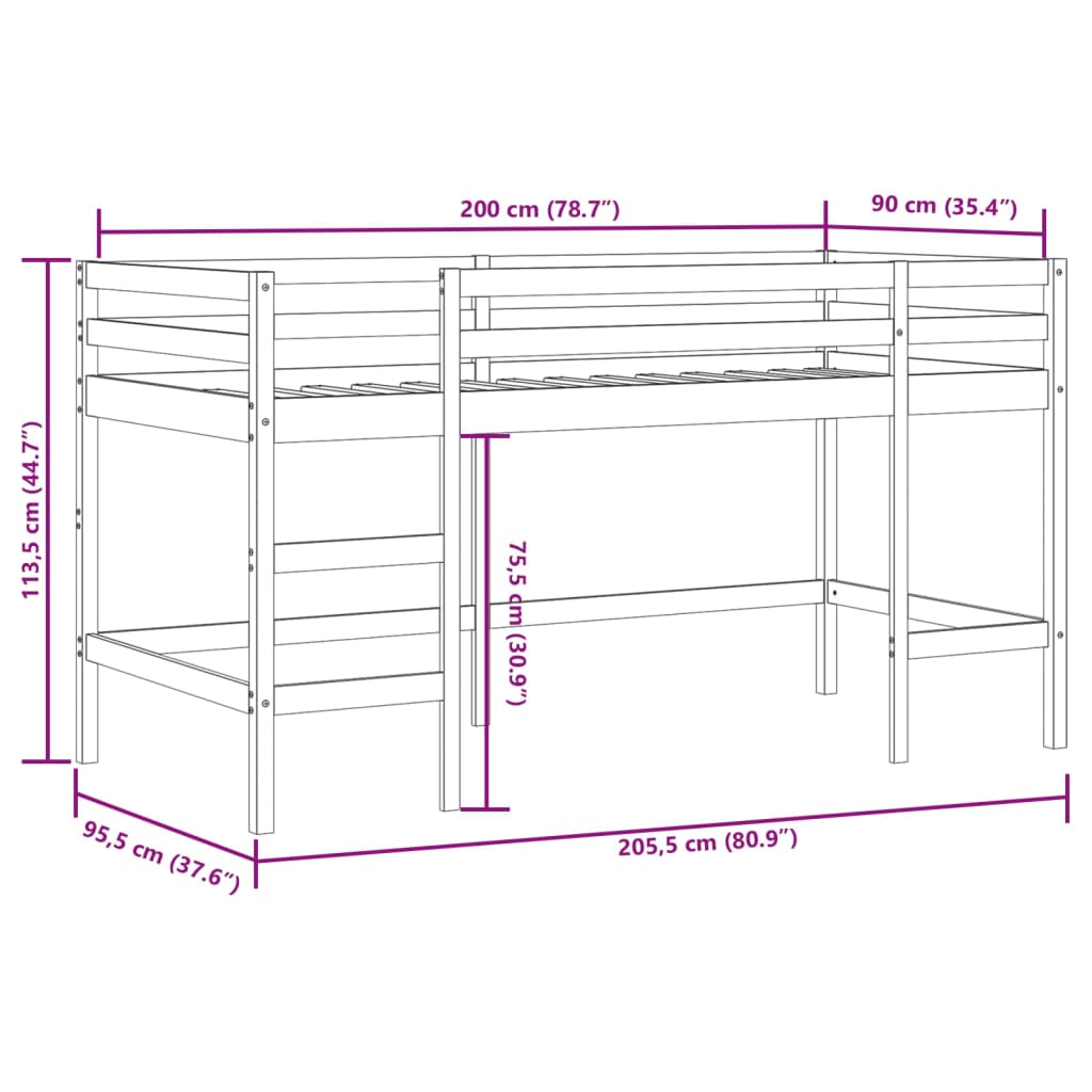 vidaXL Lit mezzanine enfants et tunnel bleu 90x200cm bois pin massif